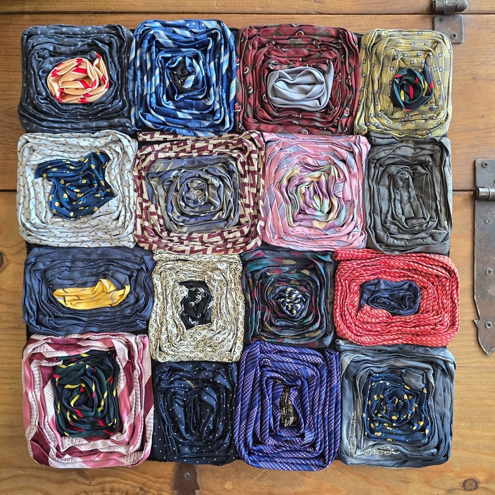 Vintage Dreamweavers Handmade Silk Tie Pillow Cover with Hand-Rolled Roses